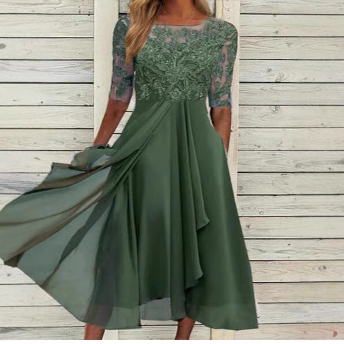 Damen Elegantes Midikleid mit Spitzenärmeln und schwingendem Rock EB