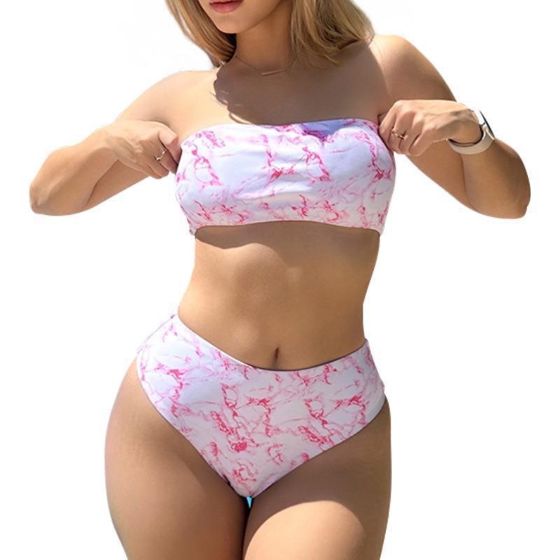 Damen Bandeau-Bikini mit hohem Taillenbund und elegantem Marmor-Design EB