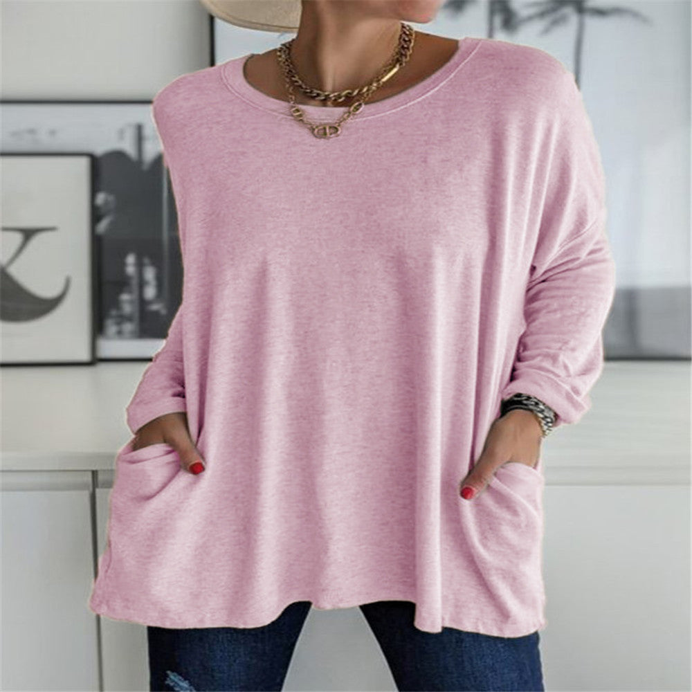 Damen nan oversized Longsleeve-Tunika mit Rundhalsausschnitt, überschnittener Schulter und aufgesetzten Taschen EB