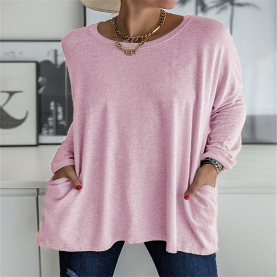 Damen nan oversized Longsleeve-Tunika mit Rundhalsausschnitt, überschnittener Schulter und aufgesetzten Taschen EB
