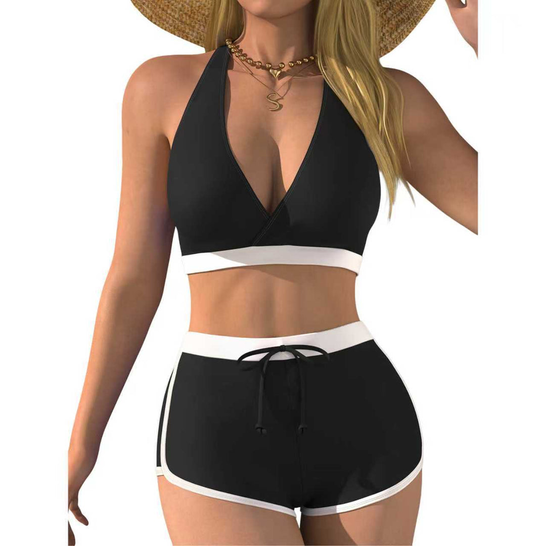 Damen Bikini-Oberteil mit tiefem V-Ausschnitt und knöchellanger Shorts EB