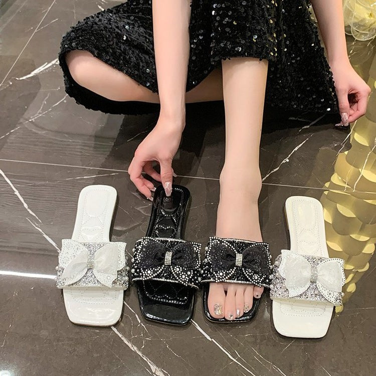 Damen elegante Slides mit glamouröser Schleifenverzierung EB
