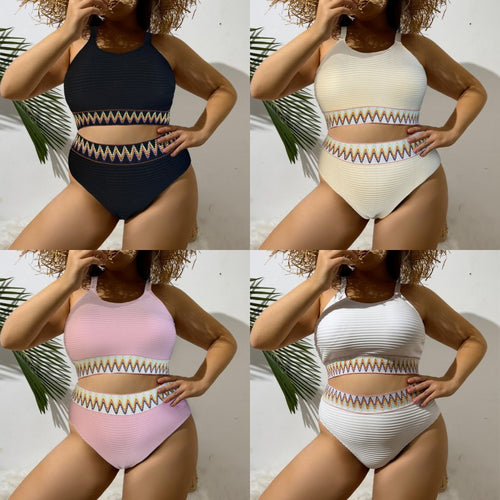 Damen Sportlicher Zweiteiliger Badeanzug mit einzigartigem Cut-Out-Design und buntem Bannermuster EB