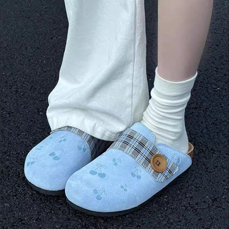 Damen Clogs mit modischem Karodesign und dekorativer Knopfdetails EB