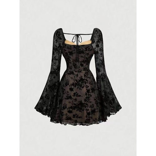 Damen Mini-Kleid mit floralen Spitzenärmeln und verführerischem Ausschnitt EB