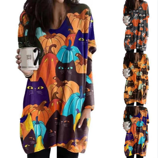 Damen Oversized Grafik Katze und Kürbis Tunika Kleid Heidi-Mode