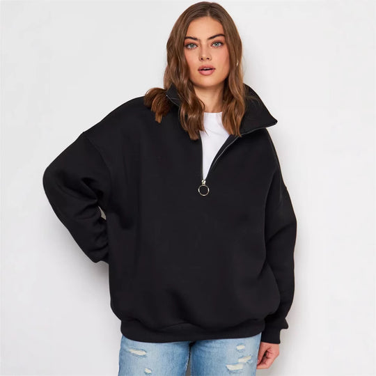 Damen Oversized Halbzip Sweater mit hohem Stehkragen und Rippbündchen EB