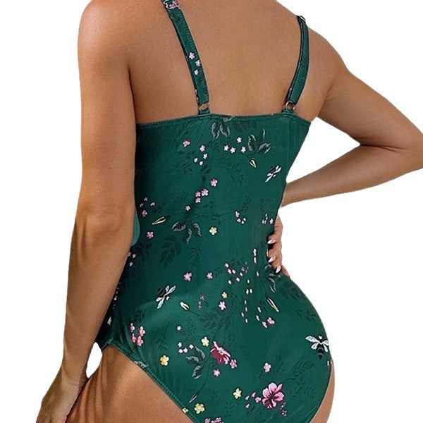 Damen Einteiler Badeanzug mit floralen Rüschendetails und elastischem Design EB