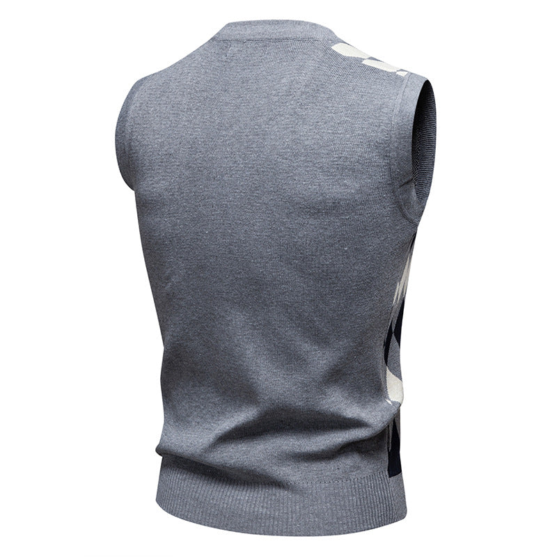 Herren ärmelloser Pullover mit rautenförmigem Muster und modernem V-Ausschnitt EB