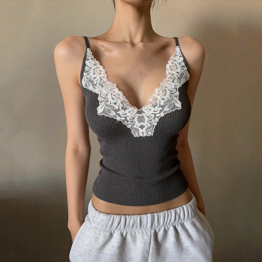 Damen Elegantes Top mit Spitzenverzierung und tiefem V-Ausschnitt EB