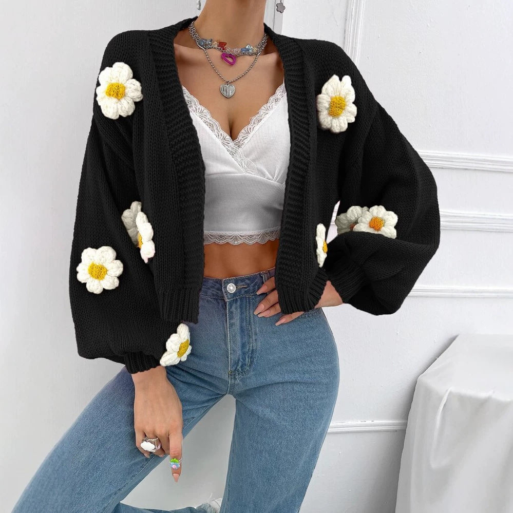 Damen Kurzgeschnittener Grobstrick-Cardigan mit 3D-Blütenapplikationen EB