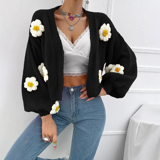 Damen Kurzgeschnittener Grobstrick-Cardigan mit 3D-Blütenapplikationen EB