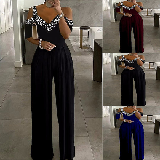 Eleganter Damen Jumpsuit mit Schulterfreiem Schnitt & Glitzerndem Dekolleté für Party & Events | EB