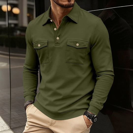 Herren nan figurbetontes Langarm-Poloshirt mit Hemdkragen und aufgesetzten Brustklappen EB