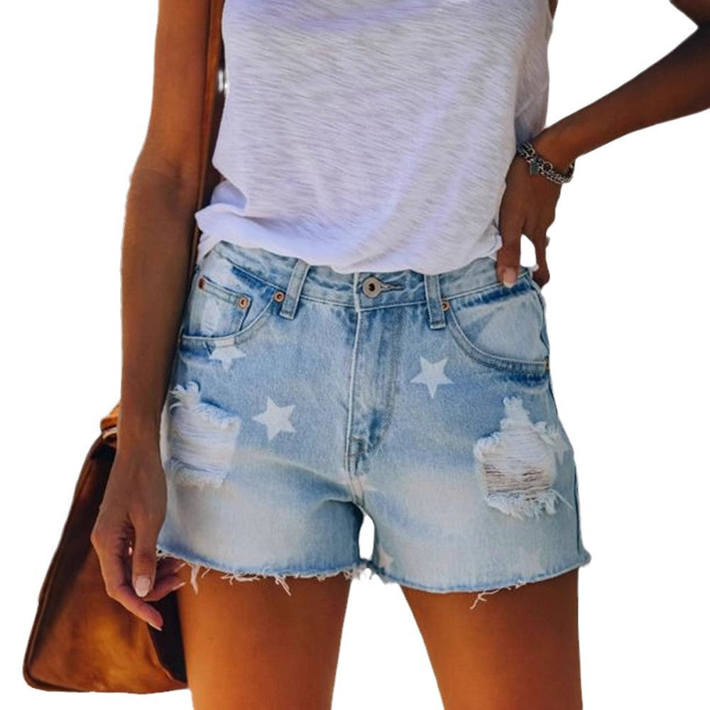 Damen Jeansshorts mit modischem Sternenprint und fransigem Saum EB