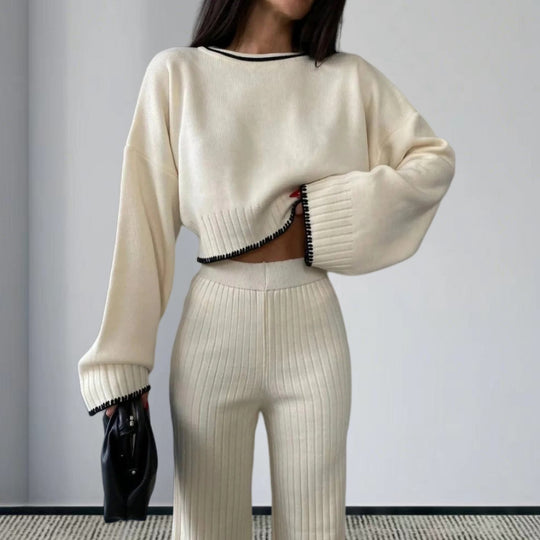 Damen elegantes Strickanzug mit weitem Bein und romantischen Ärmeln EB