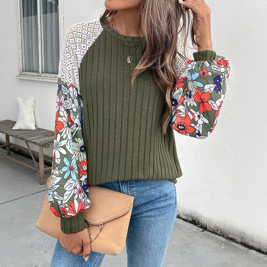 Damen modischer Pullover mit floralem Ärmel-Detail und strukturiertem Stoff EB