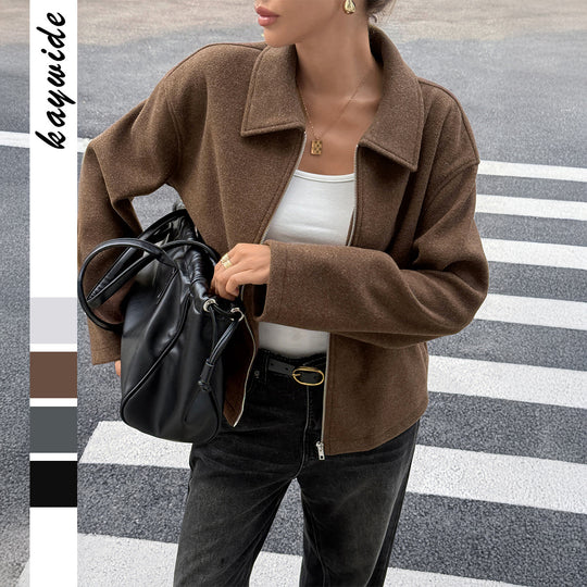 Damen nan kaschmirähnliche Wolljacke mit durchgehendem Reißverschluss, oversized Schnitt und Hemdkragen EB