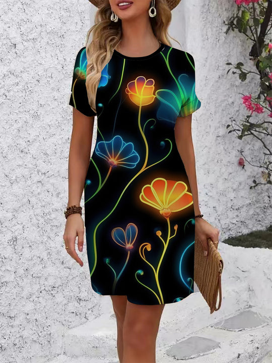 Damen komfortables Freizeitkleid mit lebhaftem Blumenmuster und lockerer Passform EB