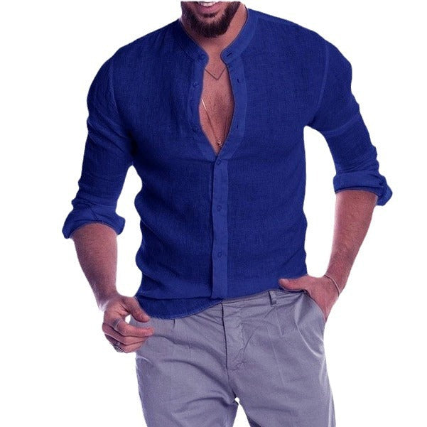 Herren nan Leinenhemd mit Stehkragen, durchgehender Knopfleiste und legerer Slim-Fit-Passform EB