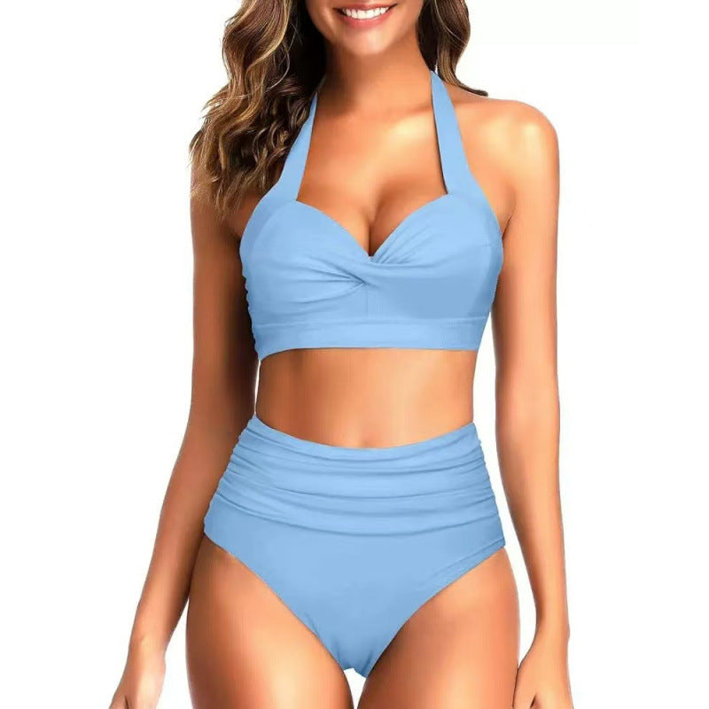 Damen Hochtaillierter Karobikini mit gerafftem Oberteil EB