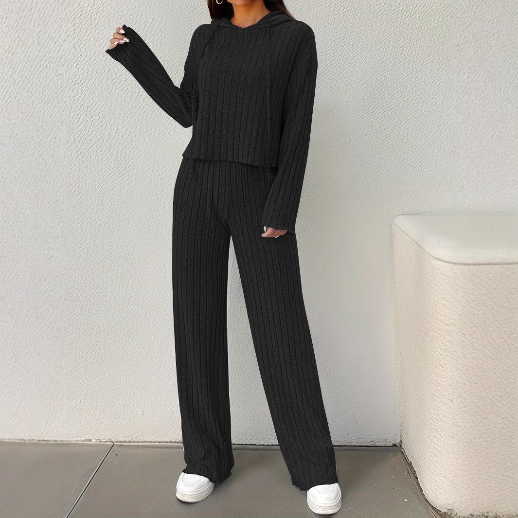 Damen lässiges Strick-Lounge-Set mit Kapuze und weitem Schnitt EB