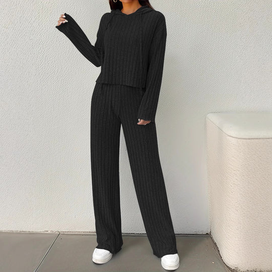 Damen lässiges Strick-Lounge-Set mit Kapuze und weitem Schnitt EB
