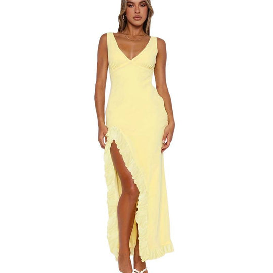 Damen Maxikleid mit tiefem V-Ausschnitt und verspielten Rüschendetails EB