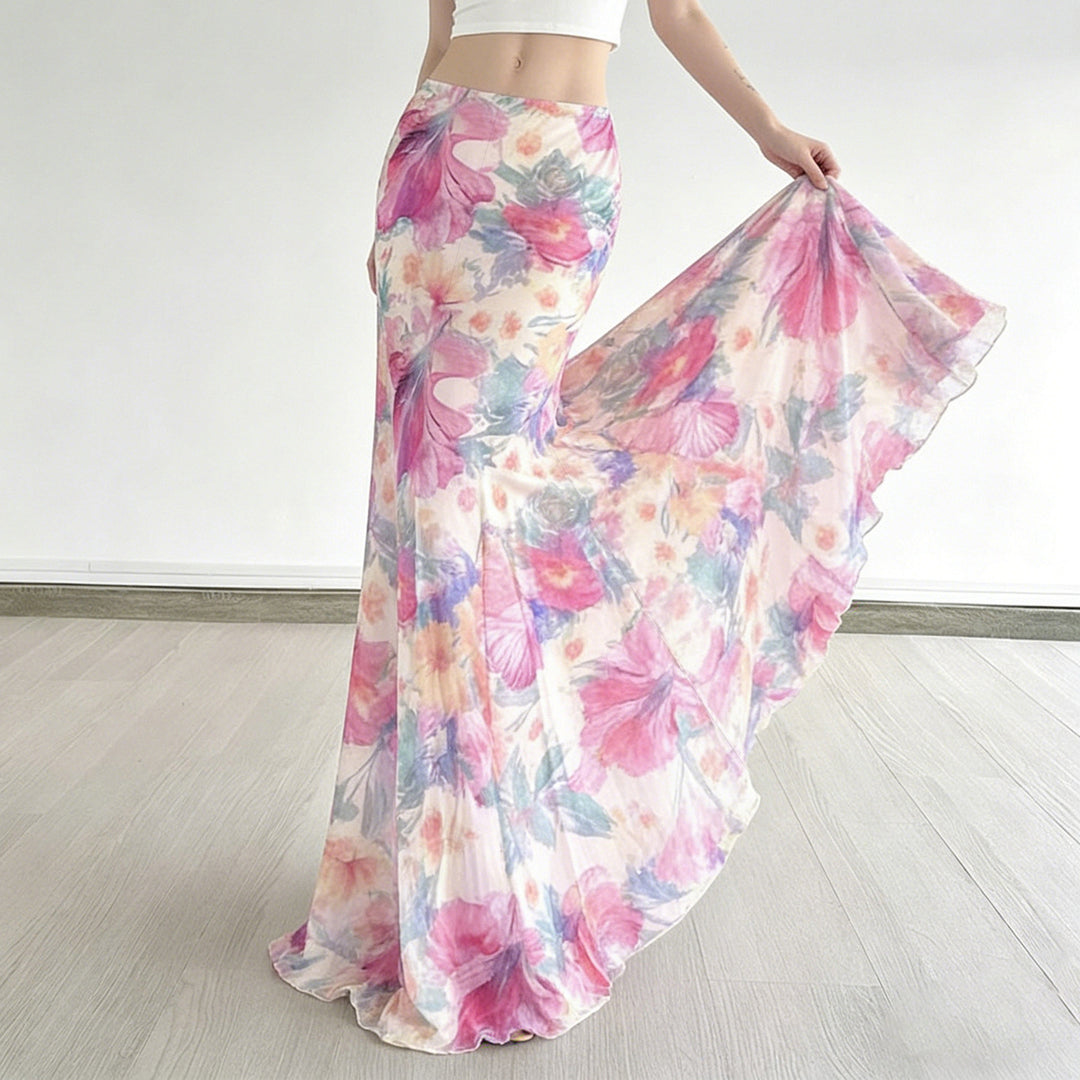 Damen Fließender Maxirock mit floralem Design und schwingendem Saum EB