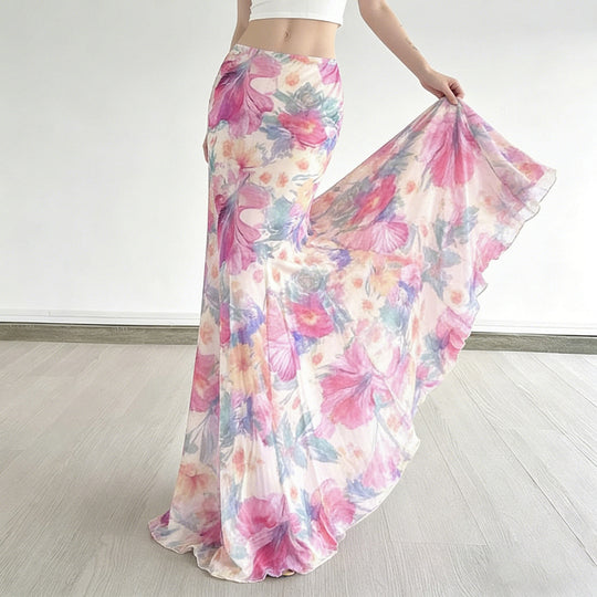 Damen Fließender Maxirock mit floralem Design und schwingendem Saum EB