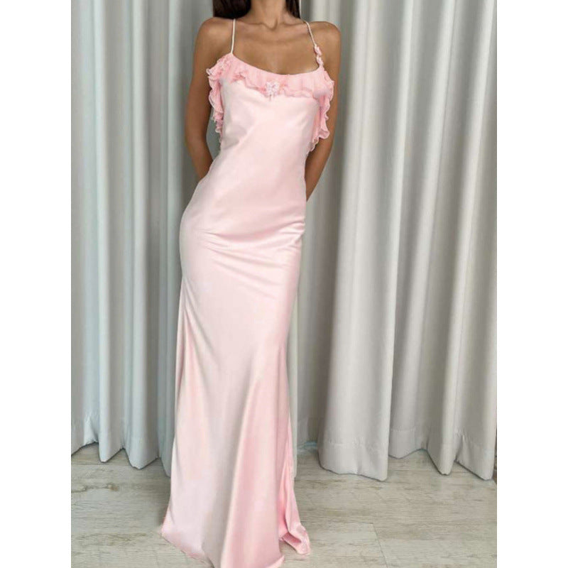 Damen Maxi-Kleid mit eleganten Rüschendetails und tiefem Rückenausschnitt EB