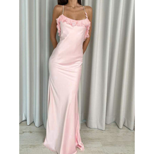 Damen Maxi-Kleid mit eleganten Rüschendetails und tiefem Rückenausschnitt EB