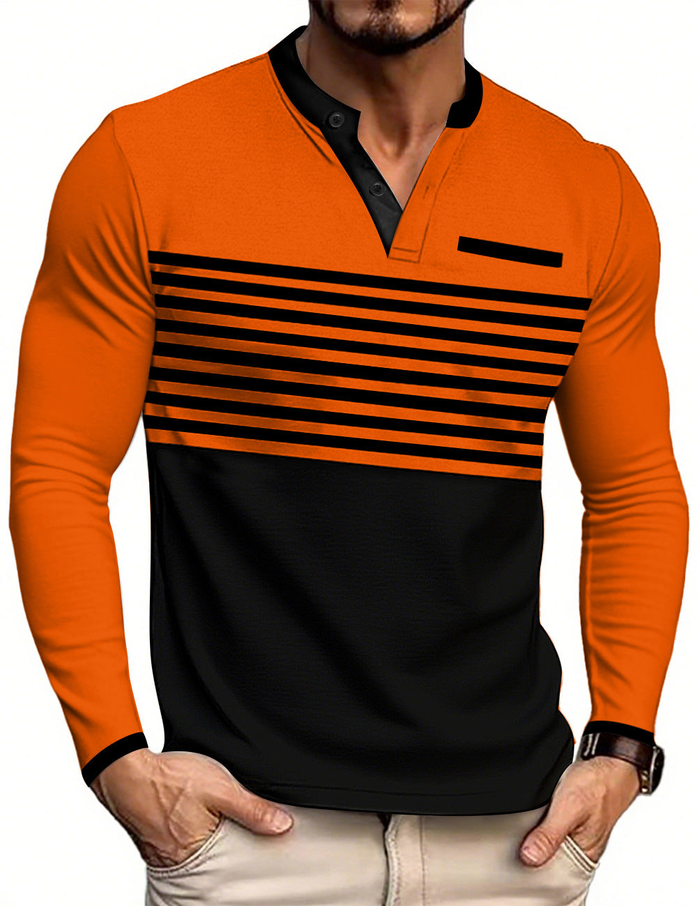 Herren nan modernes Langarm-Polo mit Henley-Blende gestreifter Brustpartie und Stehkragen EB