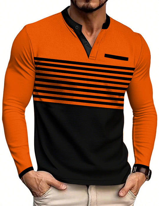 Herren nan modernes Langarm-Polo mit Henley-Blende gestreifter Brustpartie und Stehkragen EB