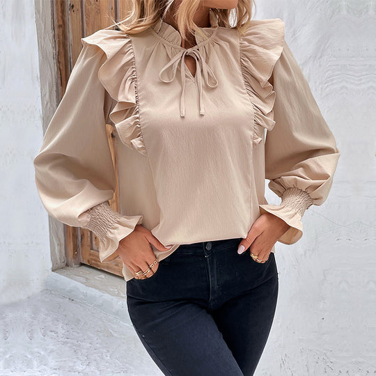 Damen Elegante Bluse mit Rüschendetails und bindbarem Hals EB