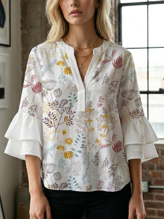 Damen Blusenshirt mit voluminösen Ärmeln und floralem Muster EB
