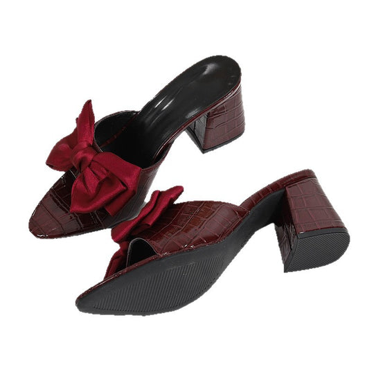 Damen Offene Mules mit dekorativen Schleifen und modernem Blockabsatz EB