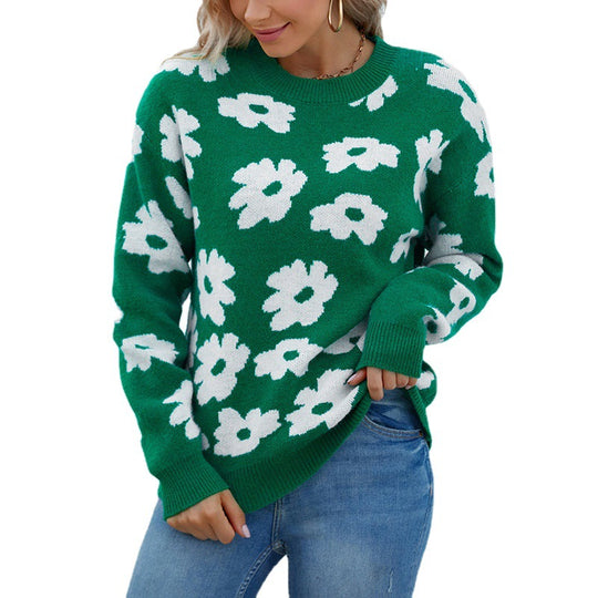 Damen Strickpullover mit floralem Muster und lockerem Schnitt EB