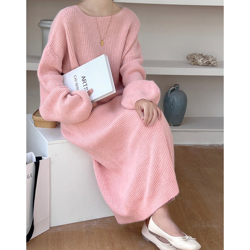 Damen Langes, gemütliches Strickkleid mit weitem Schnitt und Rundhalsausschnitt EB