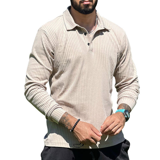Herren nan geripptes Langarm-Poloshirt mit Henley-Knopfleiste und elastischem Baumwollstretch EB