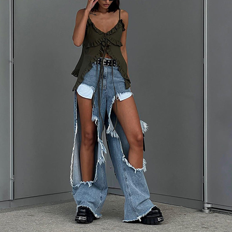 Damen stylisches geschnittenes Denim-Hosen-Set mit asymmetrischen Details EB