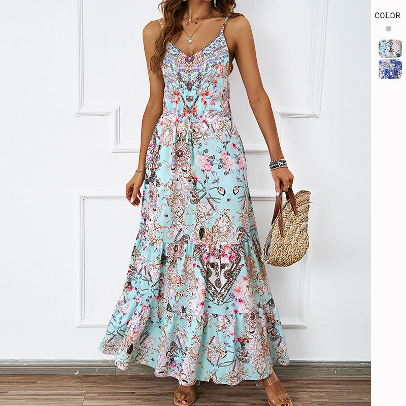 Damen Maxikleid mit luftigen Trägern und floralem Muster EB