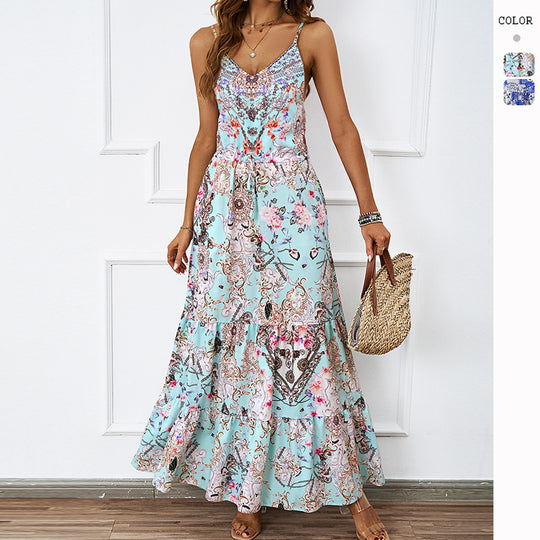 Damen Maxikleid mit luftigen Trägern und floralem Muster EB