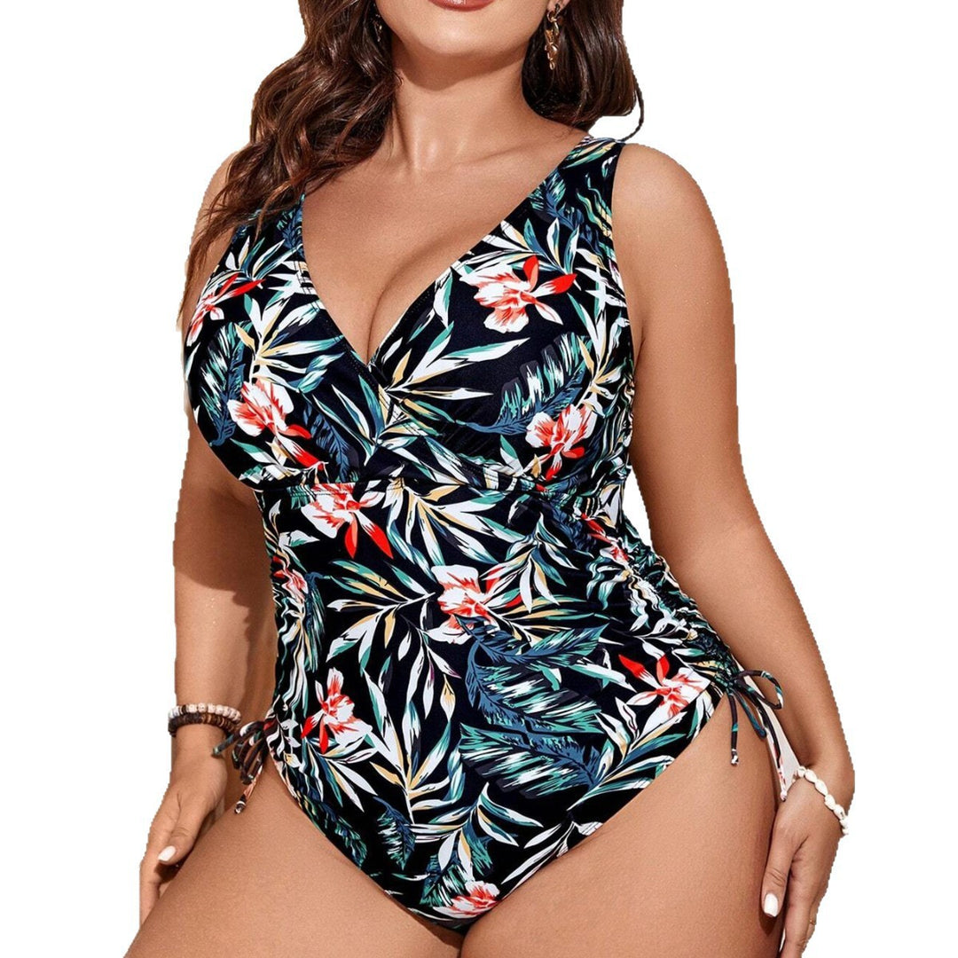 Damen Einteiler Badeanzug mit floralem Wickeldesign und figurformenden Raffungen EB