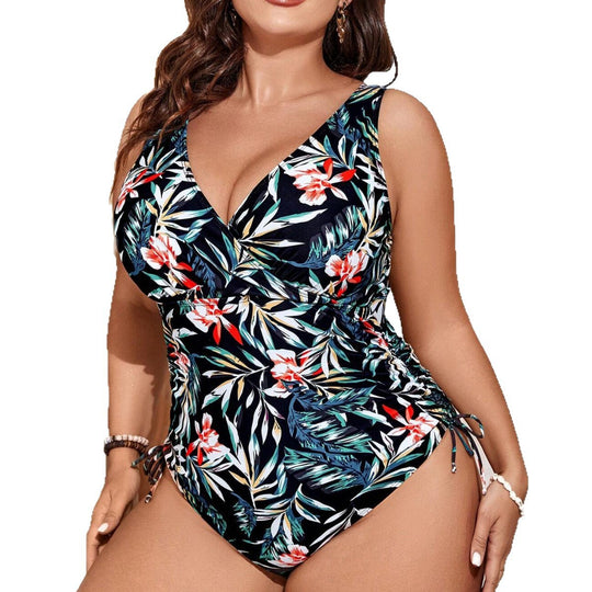 Damen Einteiler Badeanzug mit floralem Wickeldesign und figurformenden Raffungen EB
