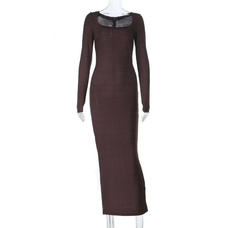 Damen Figurnahes Rippstrick‑Maxikleid mit U‑Boot‑Ausschnitt und Stretch‑Silhouette EB