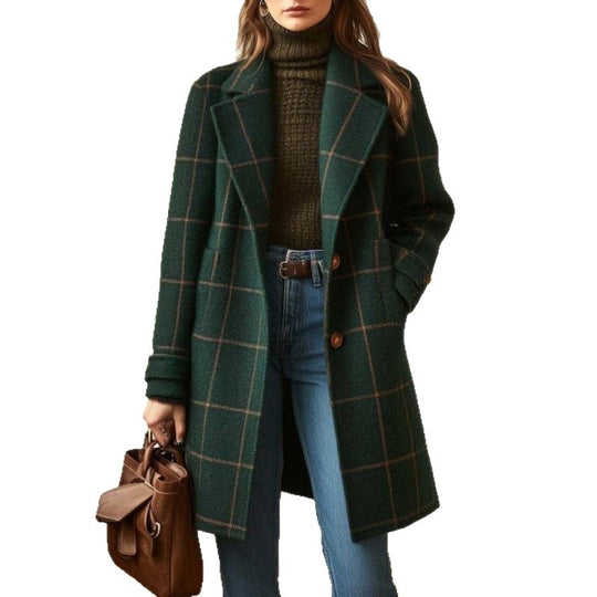 Damen nan karierter Wollmix Mantel mit Reverskragen, aufgesetzten Taschen und taillierter Silhouette EB