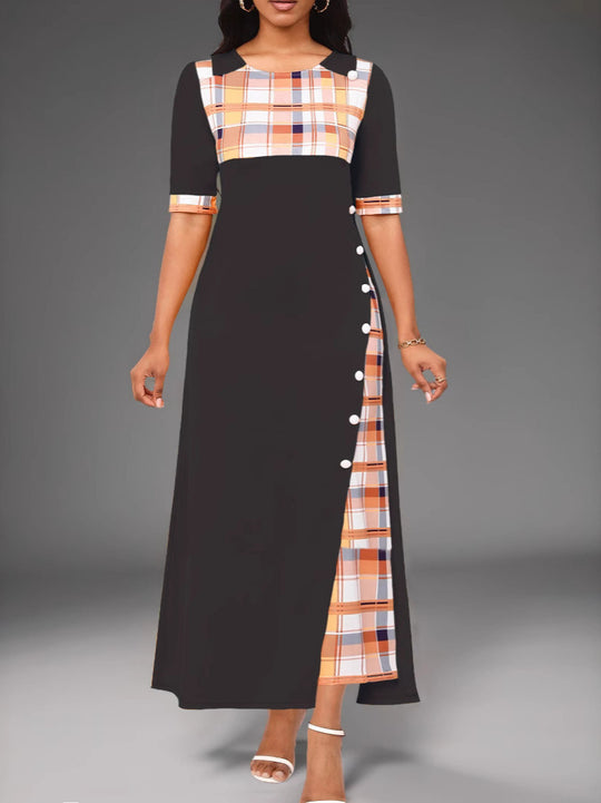 Damen Maxi-Kleid mit modischem Karomuster und geschmackvollen Knopfdetails EB