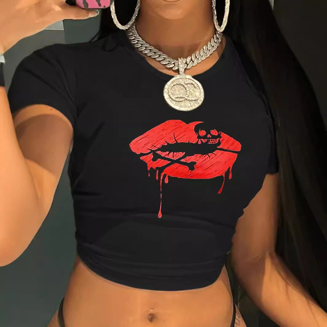 Damen Crop-T-Shirt mit kreativem Lippenmotiv und figurbetontem Schnitt EB