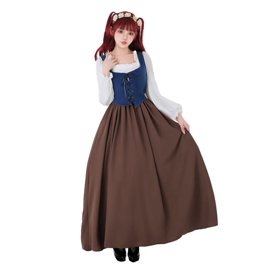 Damen nan mittelalterliches Dirndlkleid mit Schnürmieder, weiten Rüschenärmeln und bodenlangem Rock EB